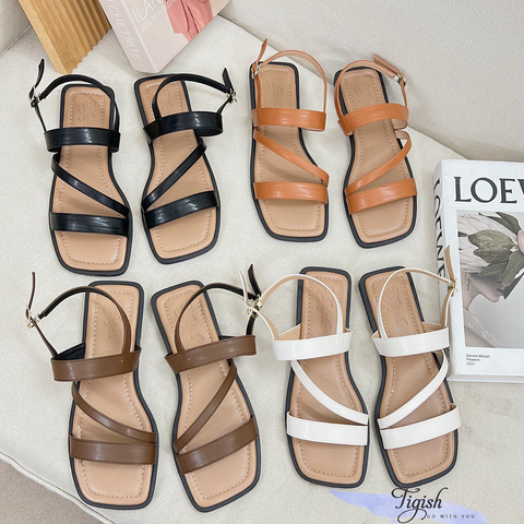  Sandal xẹp mũi vuông 2 quai ngang chéo talong may chỉ - MS: SX-25065 