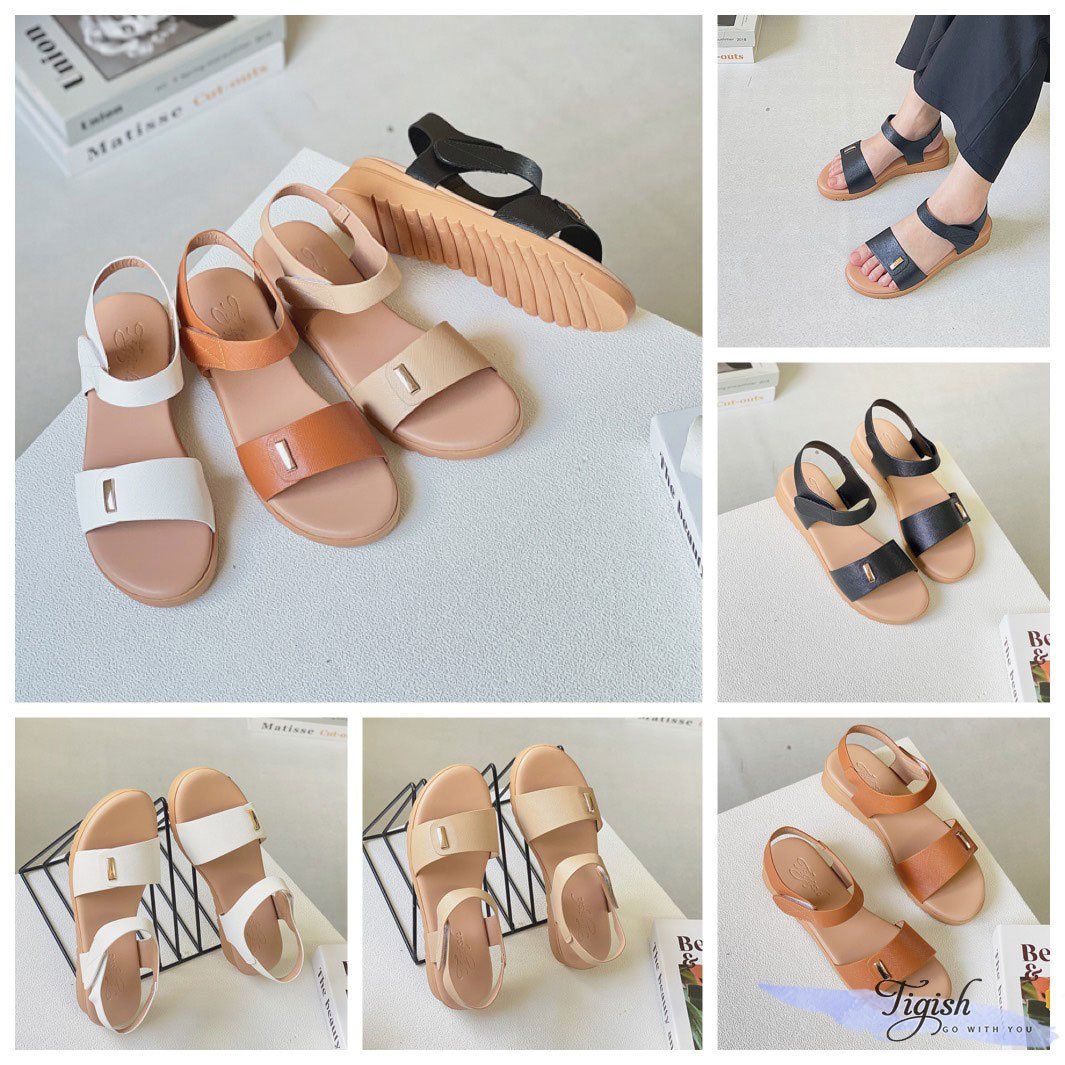 Sandal 2p mũi tròn bảng ngang lệch phối khóa hậu xé dán - S2-58006