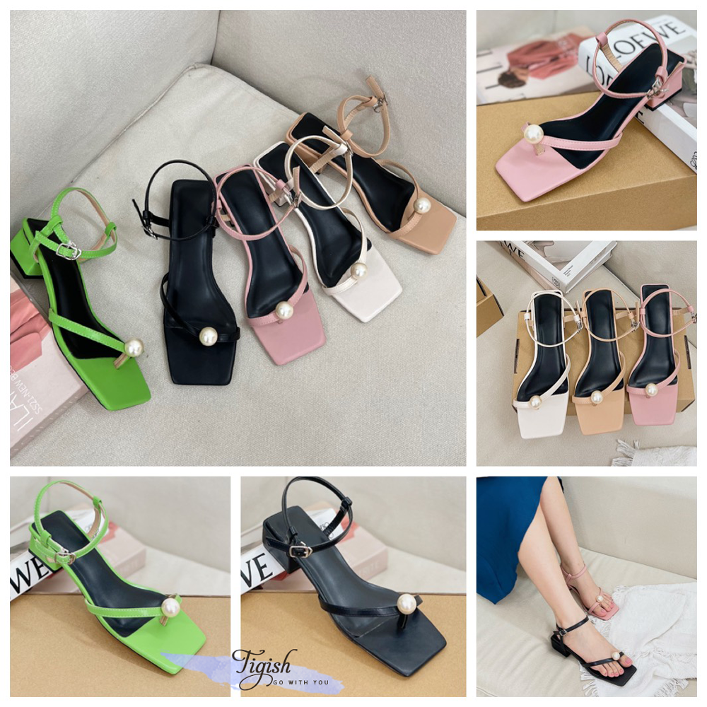 Sandal 4p gót vuông mũi vuông xỏ ngón đính ngọc trai - MS: S4-22002