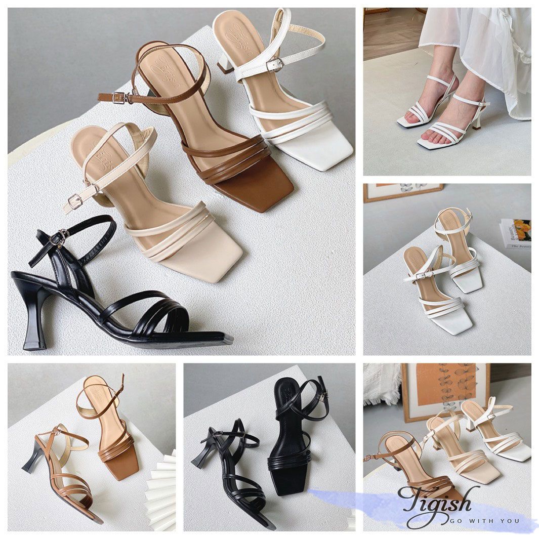 Sandal 7p gót vuông nhỏ mũi vuông 3 quai chéo lệch - MS: S7-23028