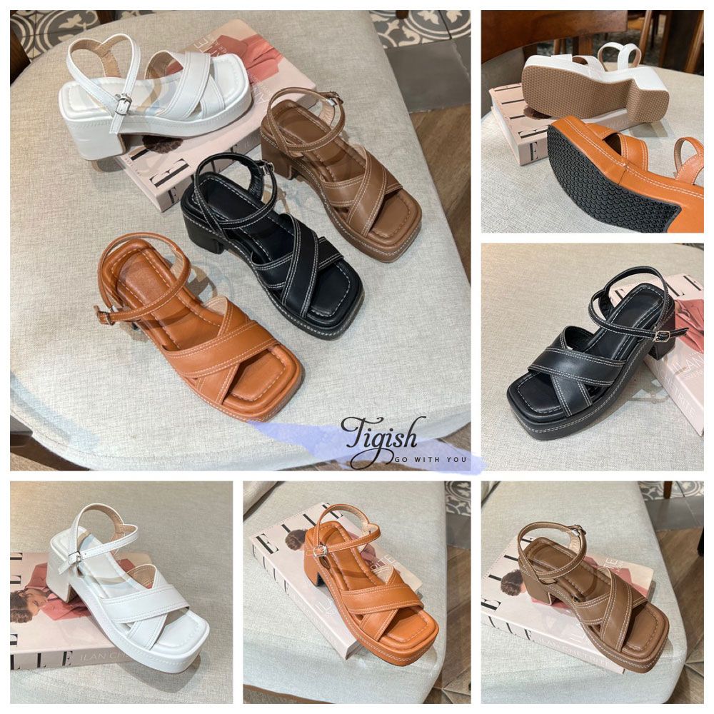 Sandal 8p gót trụ mũi vuông 2 quai chéo may chỉ -  MS: S8-58002