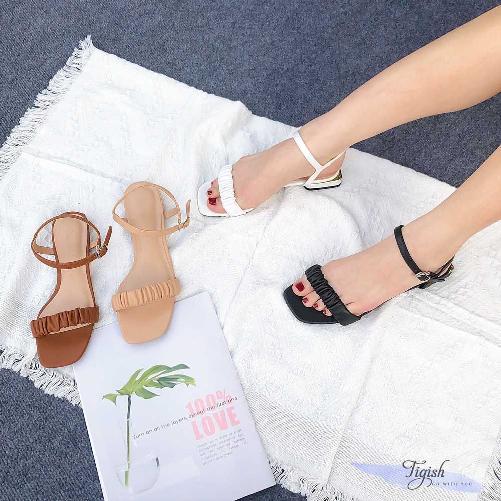 Sandal 2P gót vuông phối viền đồng mũi vuông bản ngang nhỏ dúm- MS: S2-22001