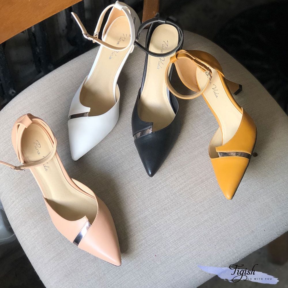 Giày cao gót nữ 5p gót sơn nhỏ mũi nhọn phối đồng hậu bít - MS: C5-10004
