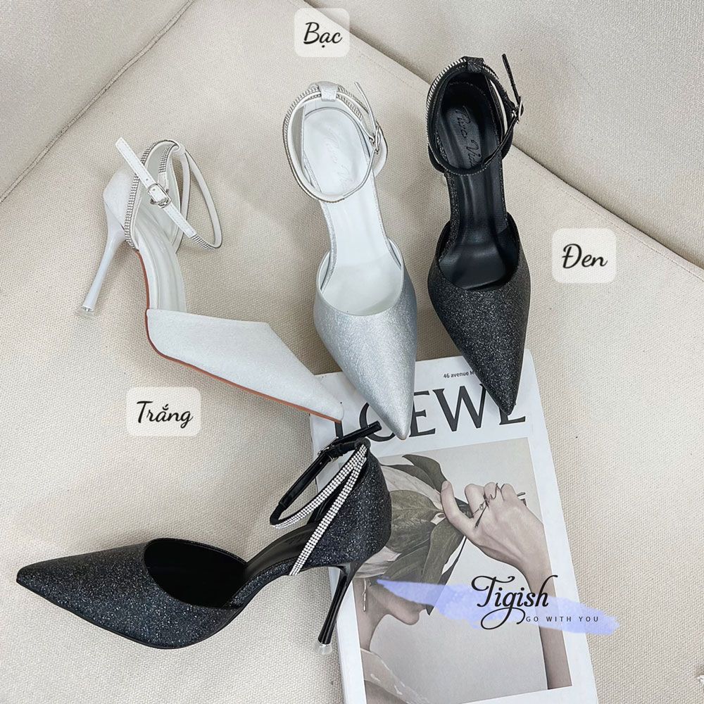 Cao gót 9p gót nhọn mũi nhọn hở eo hậu đính đá si nhũ - MS: C9-75003