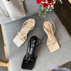 Sandal nữ 8p gót sơn vuông nhỏ mũi vuông lớn da rắn kẹp ngón xéo bảng ngang nhỏ - MS: S8-26002