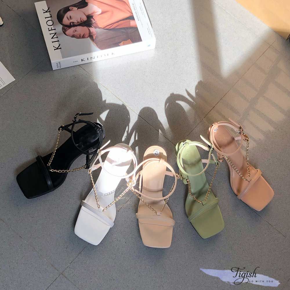 Sandal 7p gót vuông nhỏ mũi vuông bảng ngang phối dây xích- MS: S7-57001