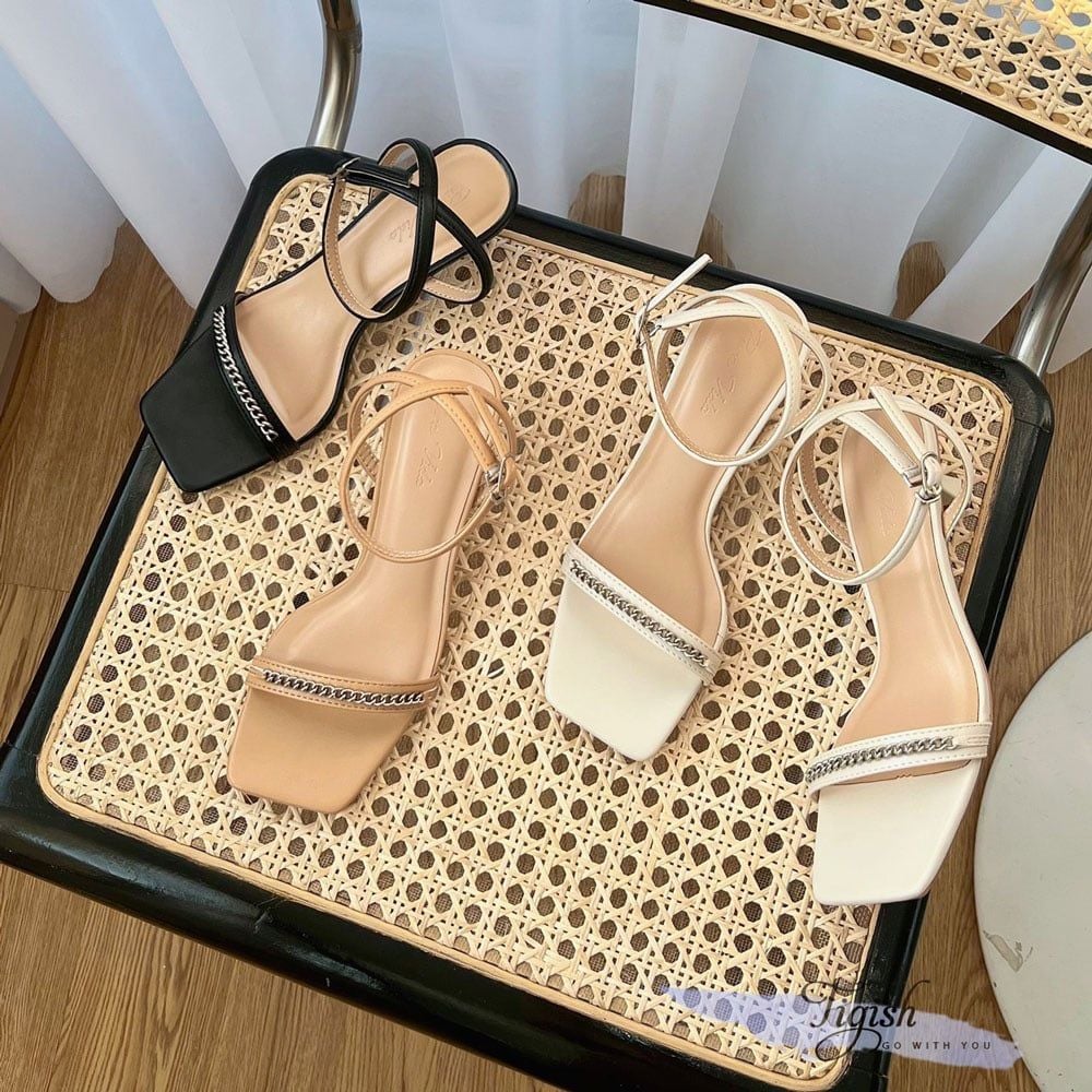 Sandal 5P gót nhin mũi vuông quai ngang dây xích - MS: S5-26020