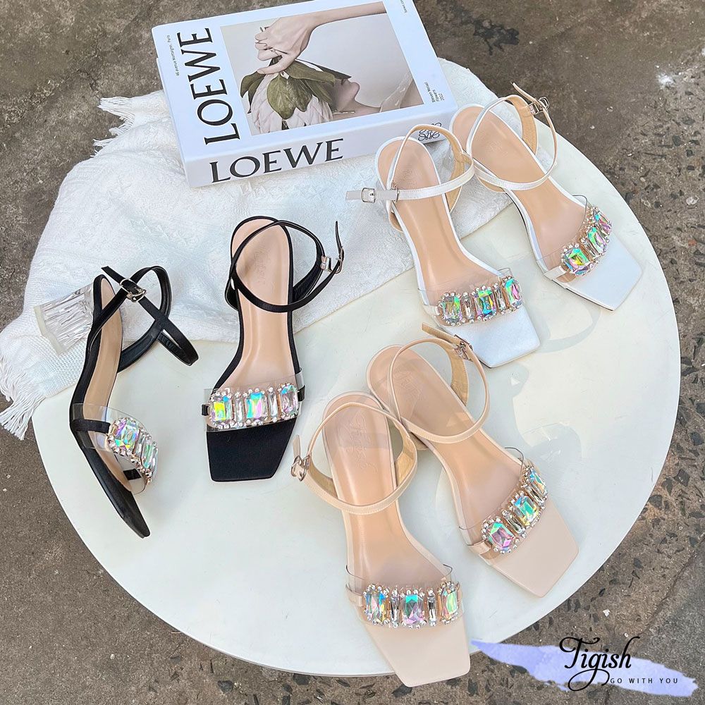 Sandal 5p gót mika mũi vuông bảng ngang mika phối khóa đá to - MS: S5-23035