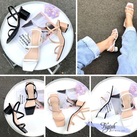  Giày sandal nữ 5p mũi vuông ngang chéo hậu thun - MS: S5-23022 