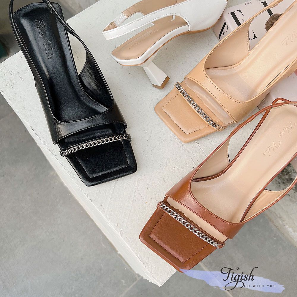 Sandal 7p gót vuông nhỏ mũi vuông quai ngang phối xích - MS: S7-26026