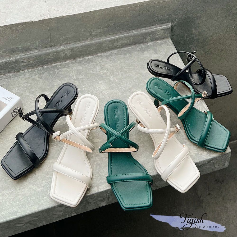Sandal 7p gót vuông nhỏ mũi vuông quai ngang mảnh talong may viền chỉ - MS: S7-26025