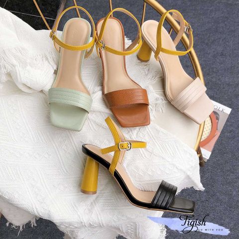  Giày Sandal 7p gót trụ tròn nhỏ bảng ngang may chỉ hậu phối vàng - MS: S7-26018 