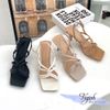 Sandal 7p gót vuông nhỏ mũi vuông 2 quai xoắn lồng nhau - MS: S7-26027