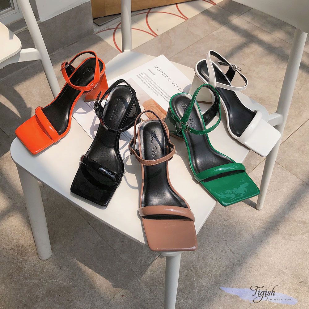 Sandal 9P gót sơn tam giác mũi vuông quai ngang nhỏ si bóng - MS: S9-26002