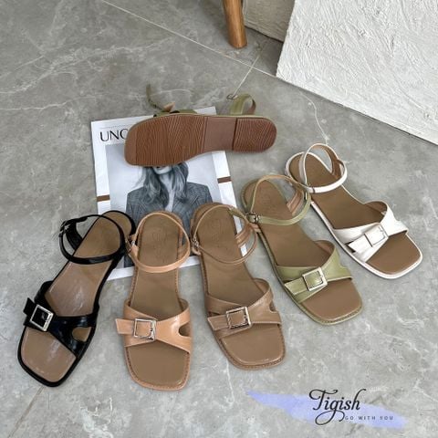  Sandal xẹp mũi vuông quai ngang khuyết eo phối khóa - MS: SX-25056 