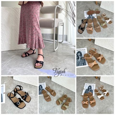  Sandal xẹp mũi vuông quai ngang khuyết eo phối khóa - MS: SX-25056 