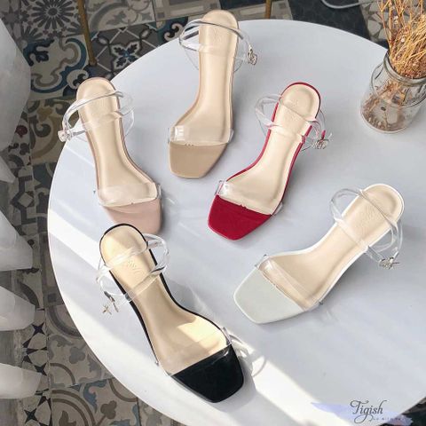  Giày Sandal 8p gót trong kim cương mũi vuông bảng ngang mika - MS: S8-23004 