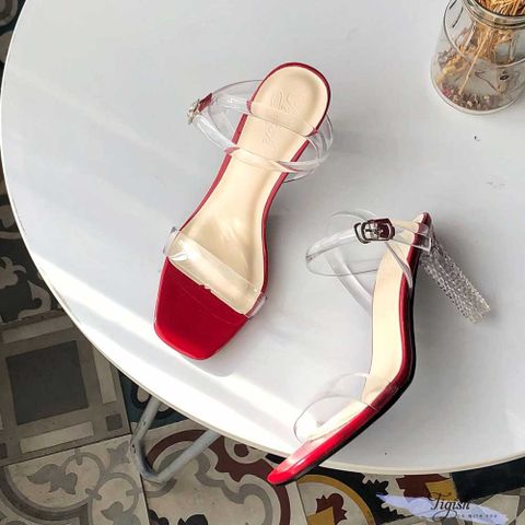  Giày Sandal 8p gót trong kim cương mũi vuông bảng ngang mika - MS: S8-23004 