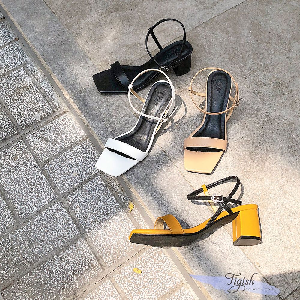 Sandal 5p gót trụ mũi vuông bản ngang talong đen - MS:S5-23031