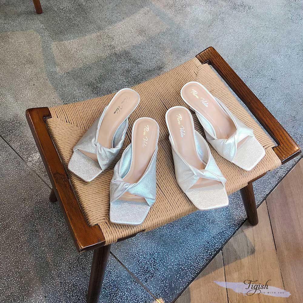 Guốc nữ 7p gót vuông nhỏ sơn mũi vuông bảng ngang soắn kim tuyến- MS: G7-26012