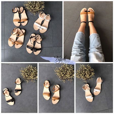  Giày sandal xỏ ngón da 2 quai phối bính - MS: SX-01062 