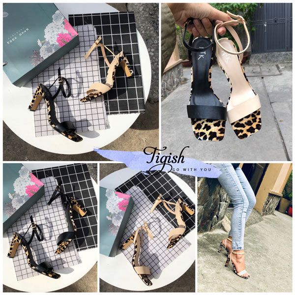 Sandal 7p gót lép da beo