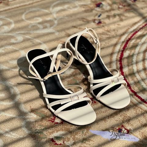  Sandal 7p gót vuông nhỏ mũi bầu 3 quai mảnh phối khóa vuông nhỏ - MS: S7-23033 