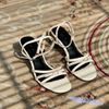 Sandal 7p gót vuông nhỏ mũi bầu 3 quai mảnh phối khóa vuông nhỏ - MS: S7-23033