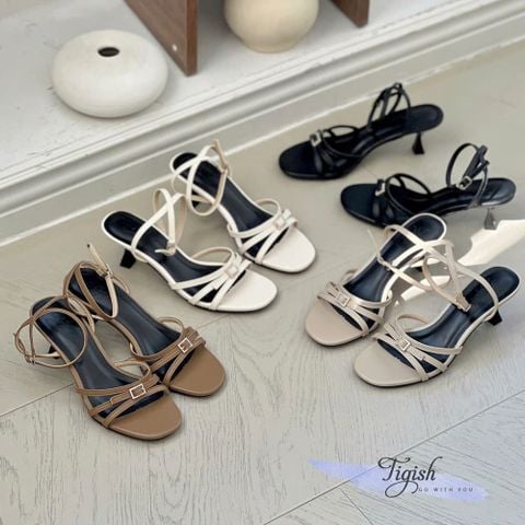  Sandal 7p gót vuông nhỏ mũi bầu 3 quai mảnh phối khóa vuông nhỏ - MS: S7-23033 
