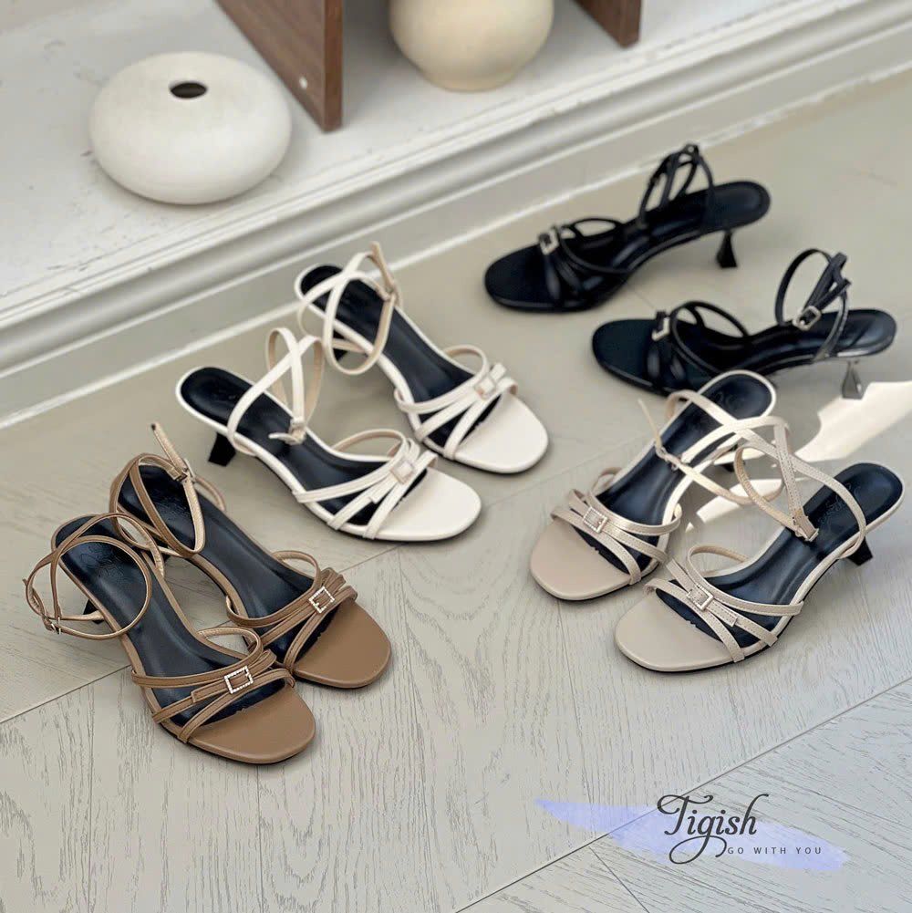 Sandal 7p gót vuông nhỏ mũi bầu 3 quai mảnh phối khóa vuông nhỏ - MS: S7-23033