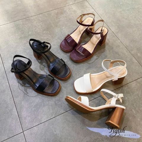  Sandal 8p gót trụ vân gỗ mũi vuông đúp mũi quai ngang - MS: S8-85001 
