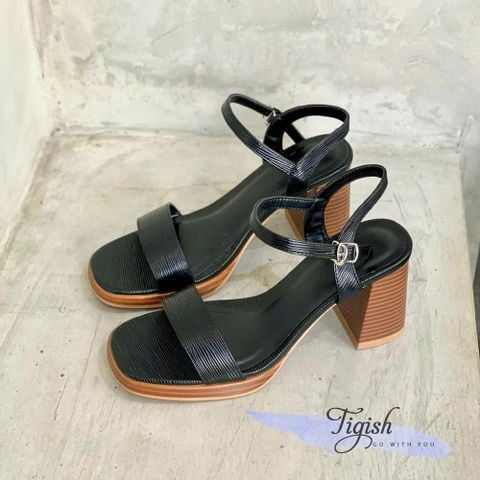  Sandal 8p gót trụ vân gỗ mũi vuông đúp mũi quai ngang - MS: S8-85001 