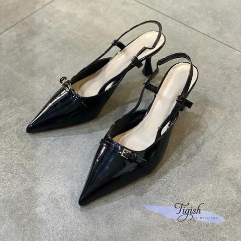  Cao gót 7p gót hoa mũi nhọn phối quai ngang khóa hậu hở thun - MS: C7-89003 