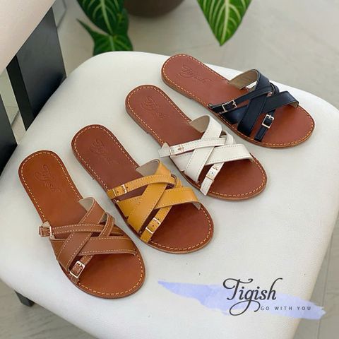  Dép xẹp da mũi tròn 4 quai đan phối 2 khóa - MS: DX-01062 