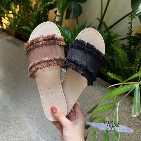  Dép xẹp mũi tròn quai ngang vải tua rua - MS: DX-63062 