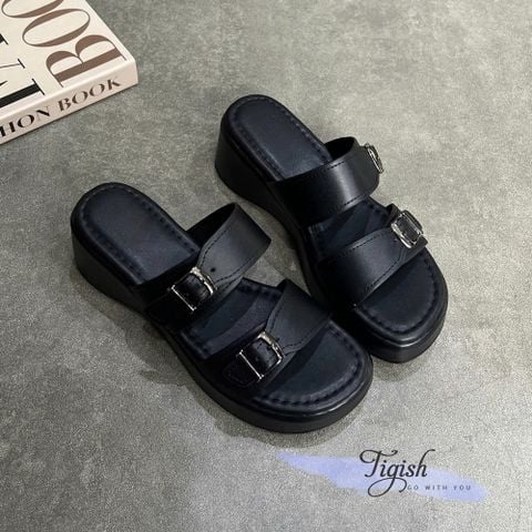  Dép bánh mì 5cm mũi tròn 2 quai ngang 2 khóa may viền chỉ - MS: D5-58007 