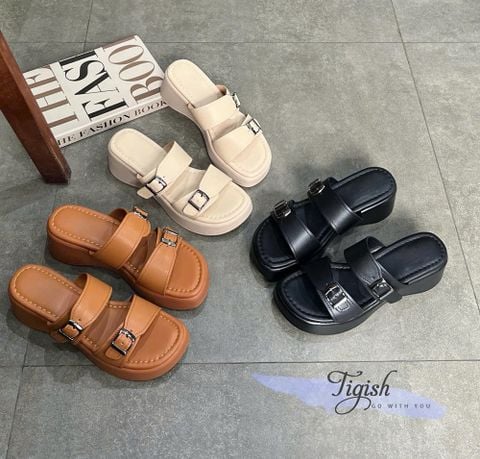  Dép bánh mì 5cm mũi tròn 2 quai ngang 2 khóa may viền chỉ - MS: D5-58007 