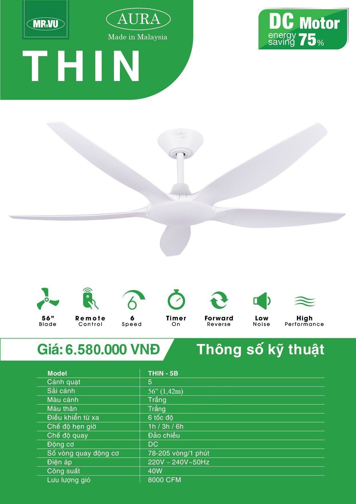 QUẠT TRẦN KHÔNG ĐÈN THIN 56 - 1420mm  - DC (Miễn phí lắp đặt khu vực Hồ Chí Minh)