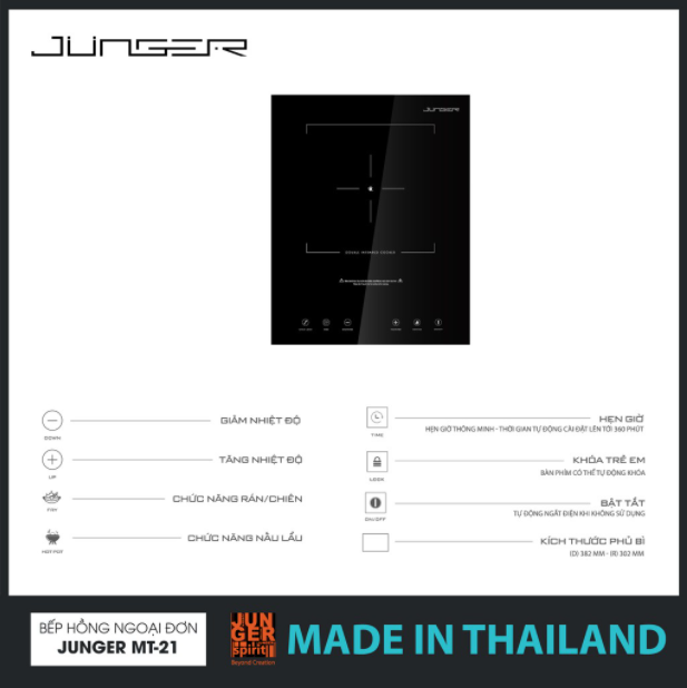Bếp đơn hồng ngoại Junger MT-92 - Công suất 2200W - mặt kính Ceramic - MADE IN THAILAND