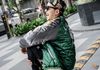 A BATHING APE - BLUE AND GREEN STUFFED BASEBALL SILK JACKET