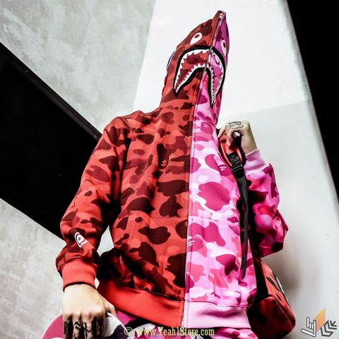  BAPE® COLOR CAMO HALF AND HALF SHARK FULL ZIP HOODIE RED/PINK (HẾT HÀNG) 