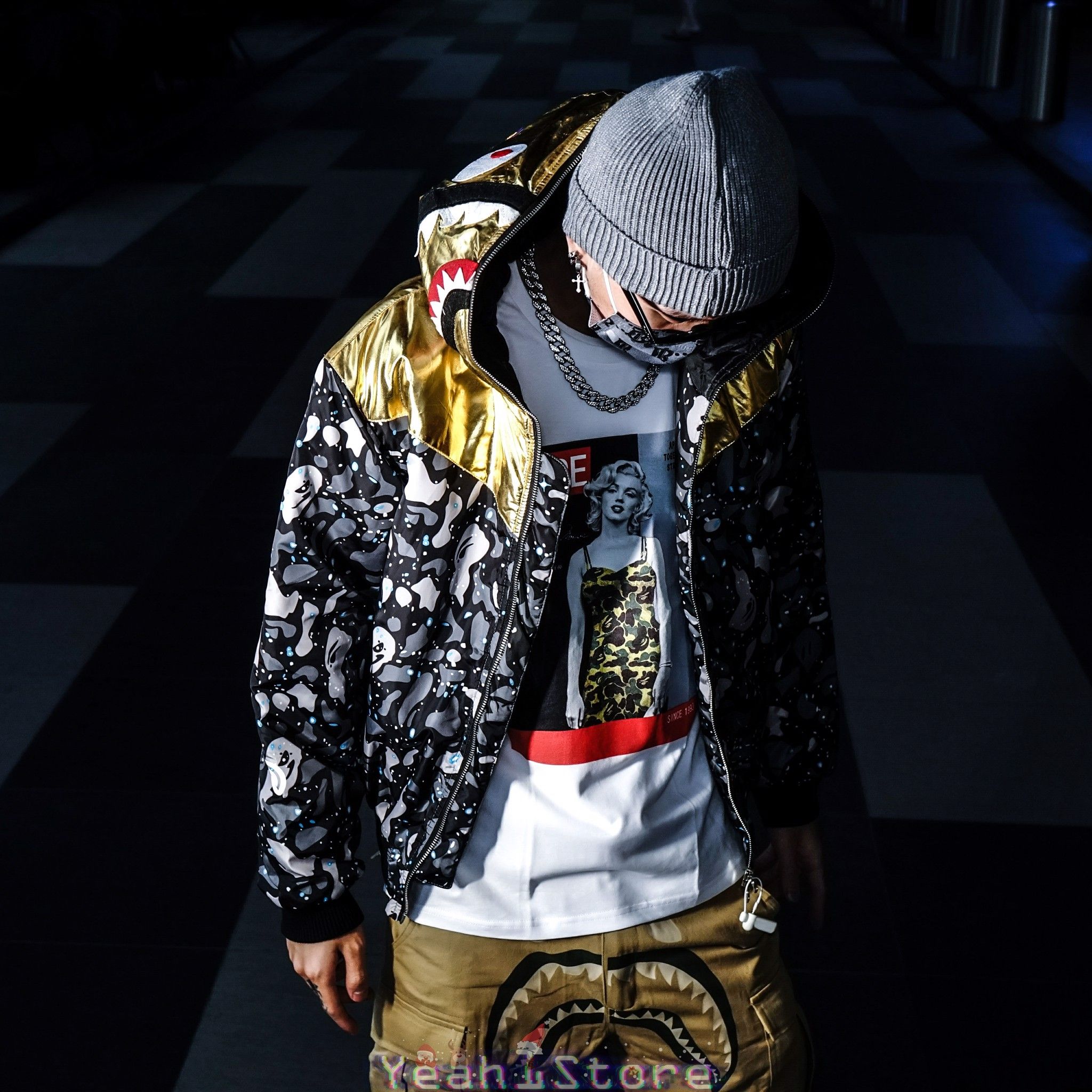 BAPE® SHARK HEAR TIGER CAMO GOLDEN/SILVER STARRY SKY HOODED COAT(HẾT HÀNG)