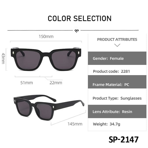  Kính mát nữ vuông gọng kính nhựa, kính thời trang nam UV400 Jaliver Young SP - 2147 