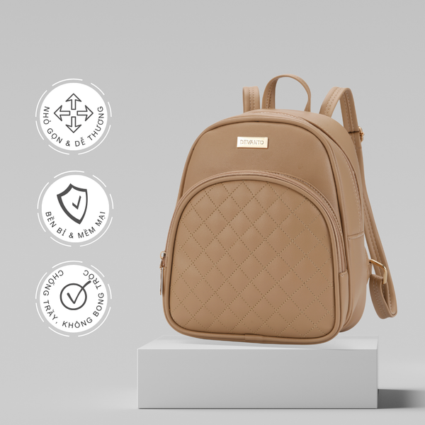 Balo nữ đi chơi, ba lô da công sở hoạ tiết chần trám ngăn trước DEVANTO FB2 - 3512D