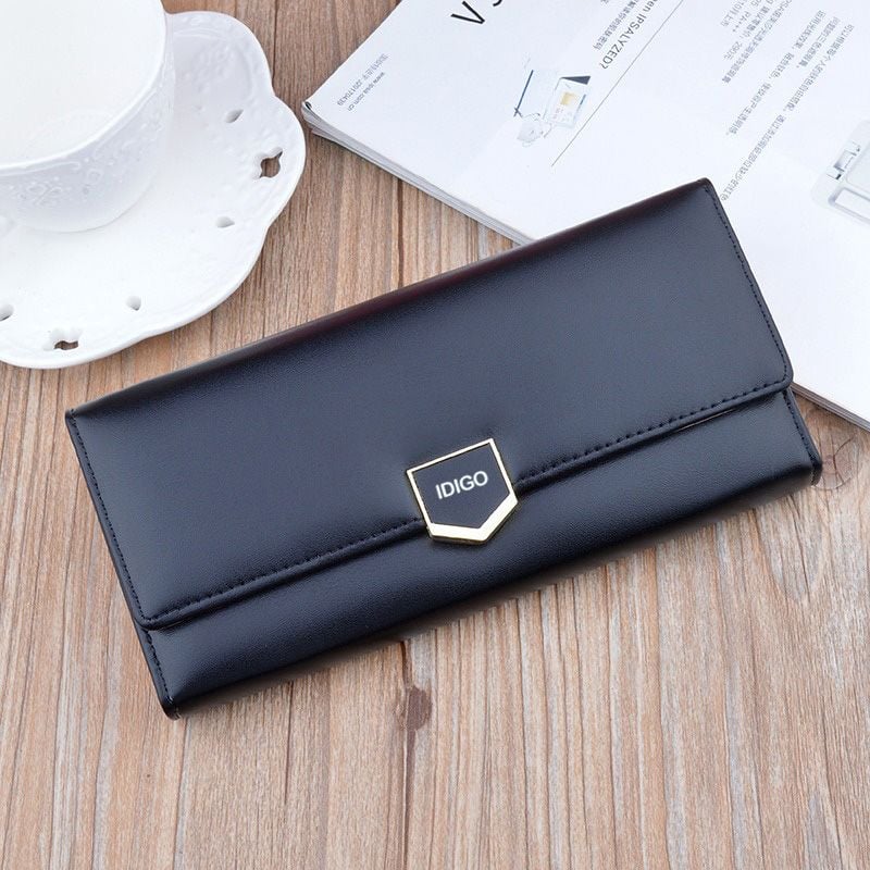 Ví nữ dài gập ba công sở, ví da cầm tay khóa ngũ giác IDIGO FW2 – 2018