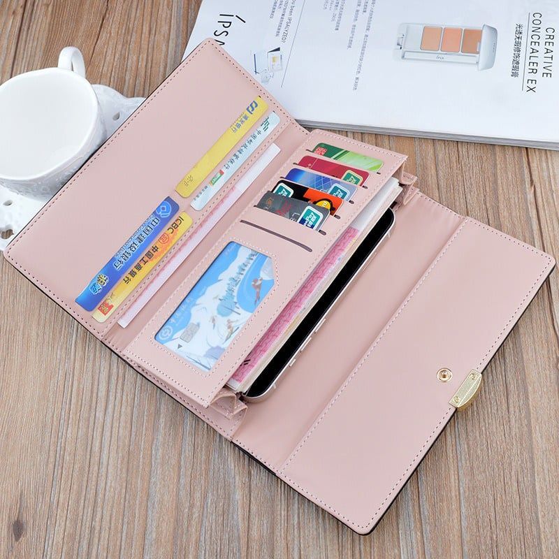 Ví nữ dài gập ba công sở, ví da cầm tay khóa ngũ giác IDIGO FW2 – 2018