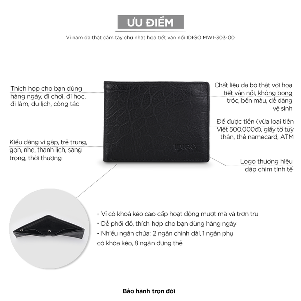 Ví nam da thật cầm tay chữ nhật hoạ tiết vân nổi IDIGO MW1 - 303 - 00 hình đại diện