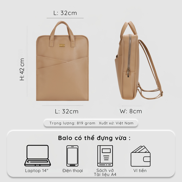 Balo da nam nữ đựng laptop 14inch vạt xéo, Balo công sở cao cấp chứa tài liệu A4 UBP2-6034