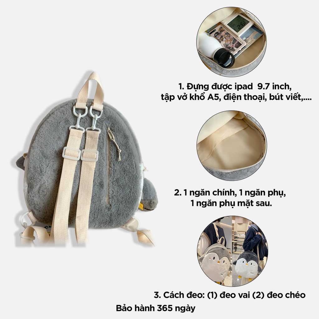 Balo chim cánh cụt dễ thương, túi đeo chéo đi chơi xinh xắn IDIGO FBP6 - 3397