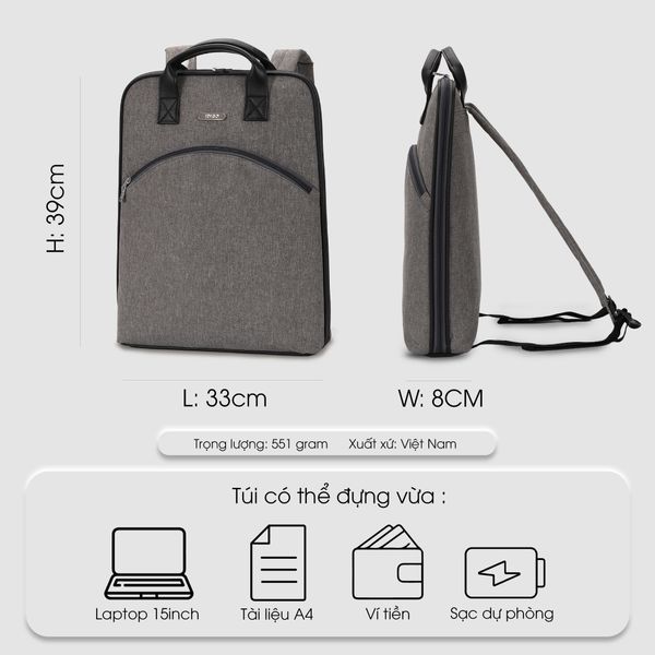 Balo công sở nam nữ đựng được laptop 15 inch, balo đi làm siêu mỏng IDIGO UBP2 - 4326